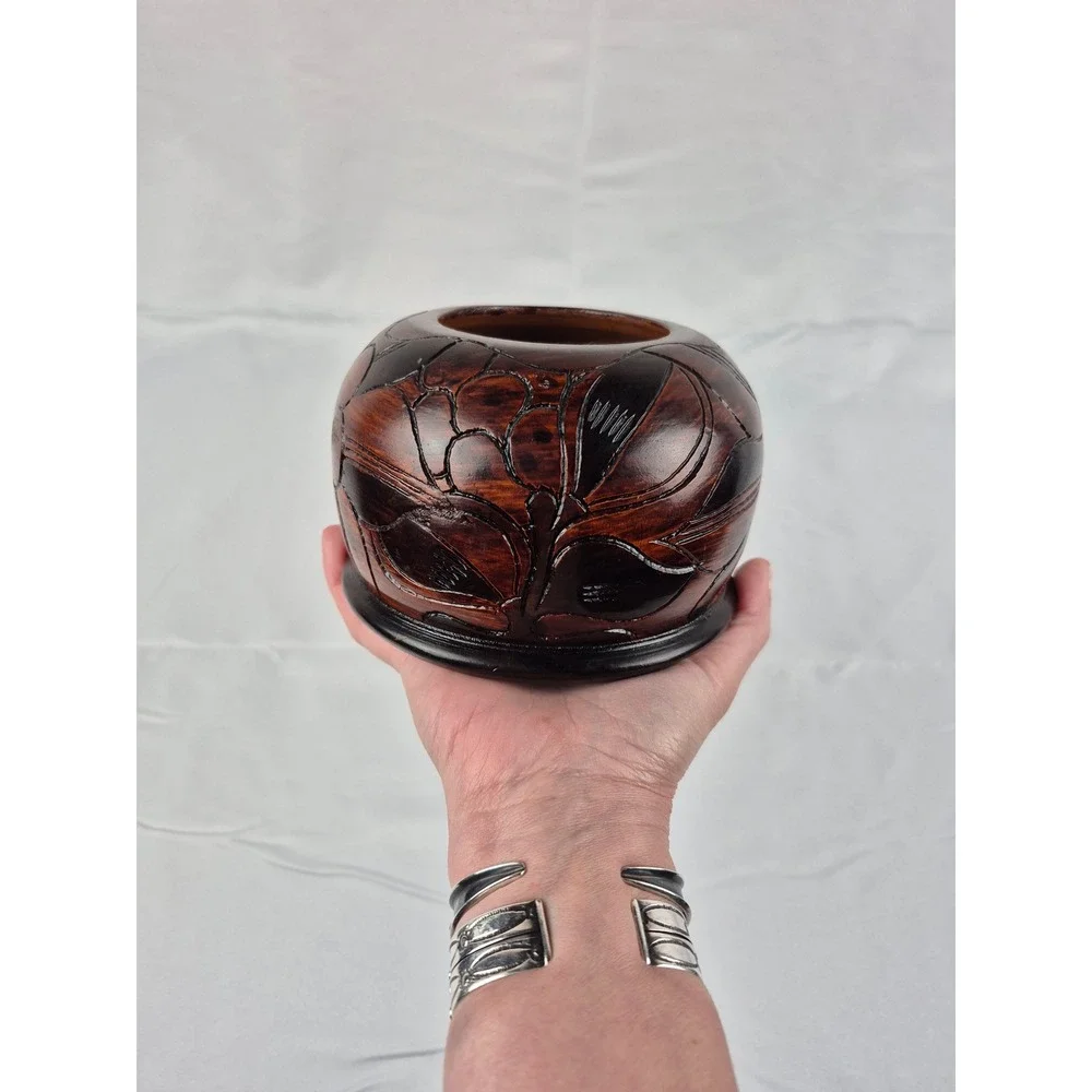 Vintage Hand Carved Wood Bowl Floral Design Dark Stain Boho Decor‎ Rustic